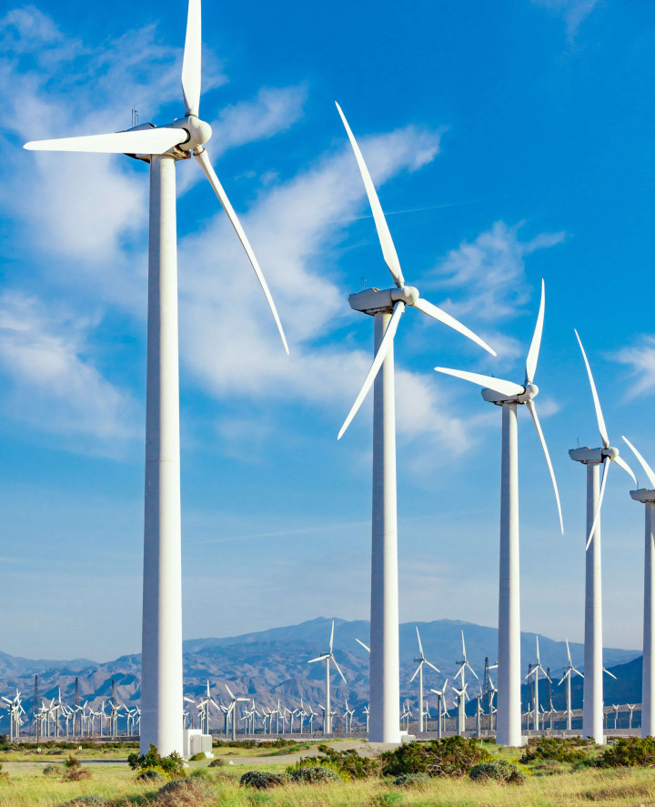Großes Windkraftfeld mit zahlreichen Windrädern vor einer Bergkulisse bei klarem Himmel